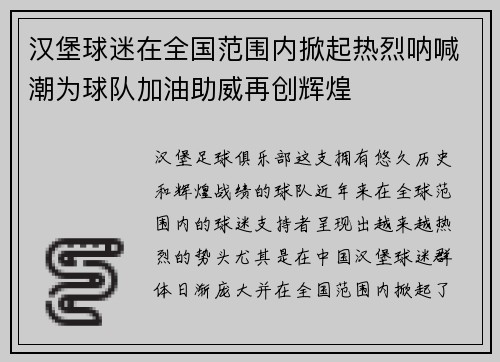 汉堡球迷在全国范围内掀起热烈呐喊潮为球队加油助威再创辉煌