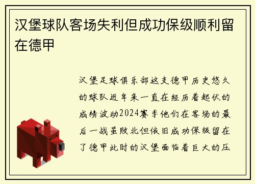 汉堡球队客场失利但成功保级顺利留在德甲