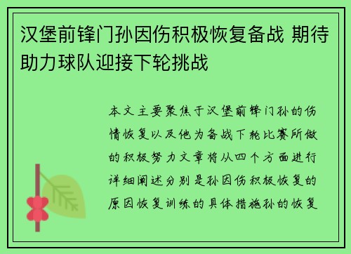 汉堡前锋门孙因伤积极恢复备战 期待助力球队迎接下轮挑战