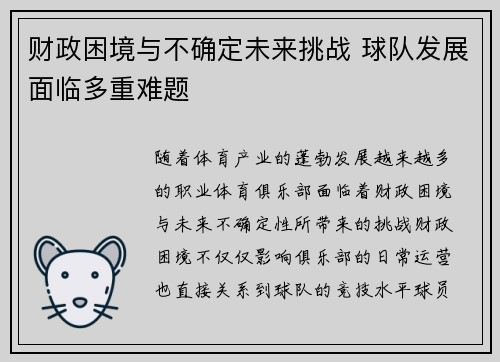 财政困境与不确定未来挑战 球队发展面临多重难题